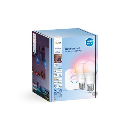 Kezdőkészlet Philips Hue White And Color Ambiance Essential 2xE27/8W/230V 2200-6500K + csatlakoztatáshoz szükséges eszköz