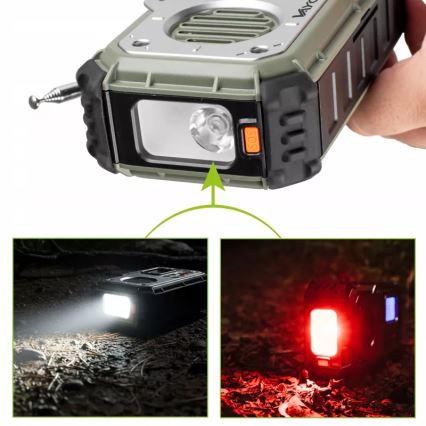 Kempingrádió kézi hajtókarral, napelemmel és LED lámpával, beépített powerbank funkcióval 5V/3xAAA/2000 mAh, IPX4, zöld