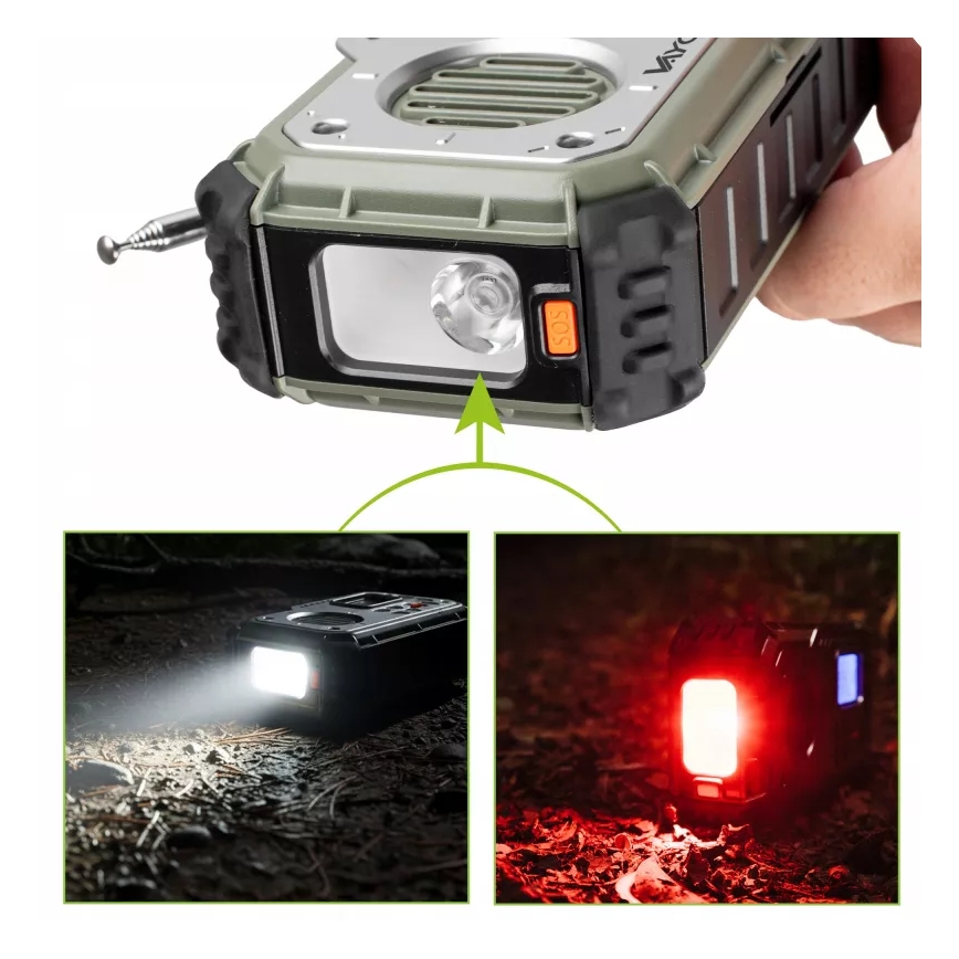 Kempingrádió kézi hajtókarral, napelemmel és LED lámpával, beépített powerbank funkcióval 5V/3xAAA/2000 mAh, IPX4, zöld