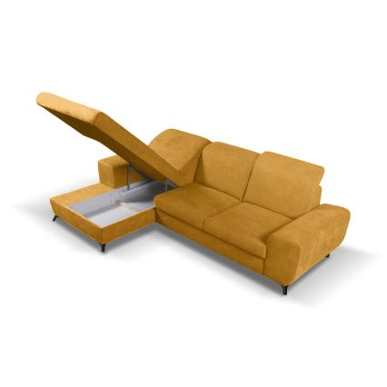 ALTA L-alakú balos ágyazható kárpitozott sarokkanapé tárolórekesszel, sárga