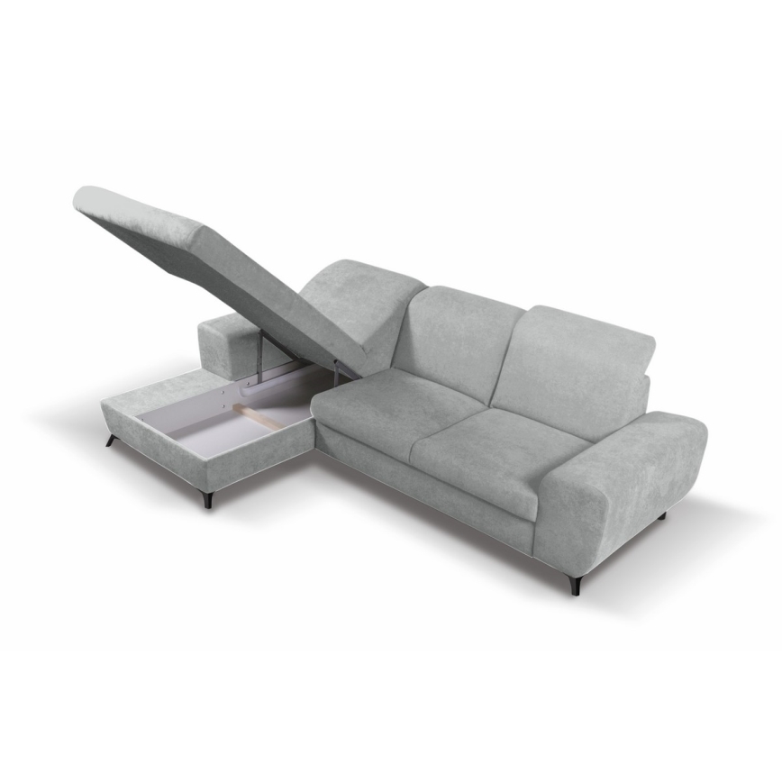 ALTA L-alakú, balos, kárpitozott, ággyá alakítható sarokülőgarnitúra tárolóval, szürke