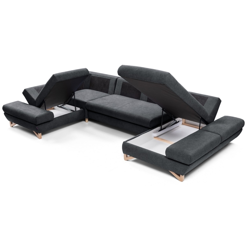 AVESTA kinyitható, U-alakú kárpitozott sarokülőgarnitúra tárolóval, antracit