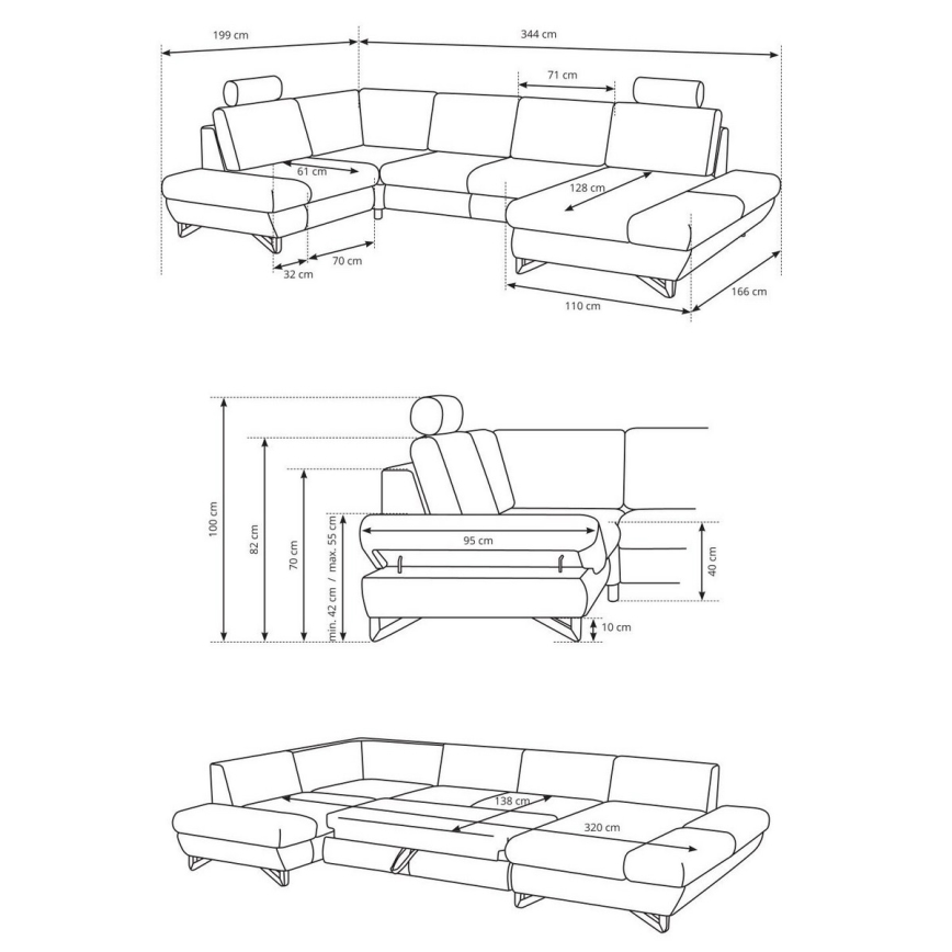 AVESTA kinyitható, U-alakú kárpitozott sarokülőgarnitúra tárolóval, antracit