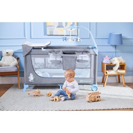 KINDERKRAFT - JOY utazóágy kiegészítőkkel, szürke-kék