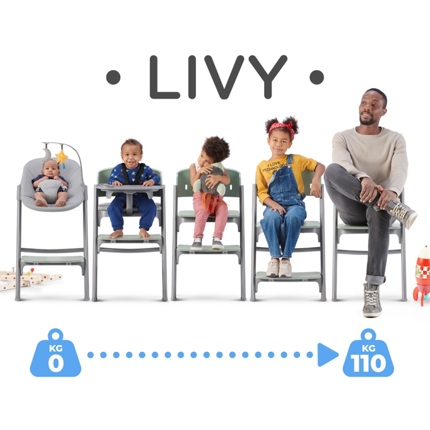 KINDERKRAFT SELECT - Gyermek étkezőszék 3in1 LIVY Premium Olive zöld + nyugágy CALMEE