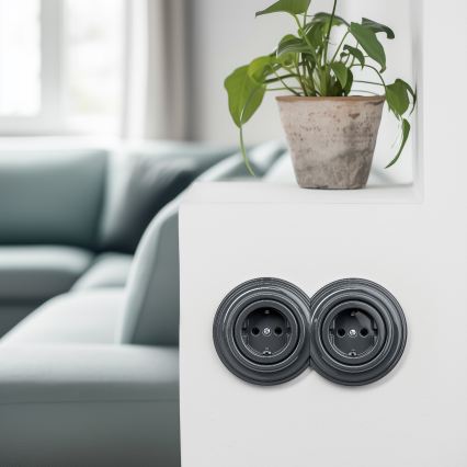 Kliklap - Dupla retro fali konnektor kerettel SCHUKO 230V antracit