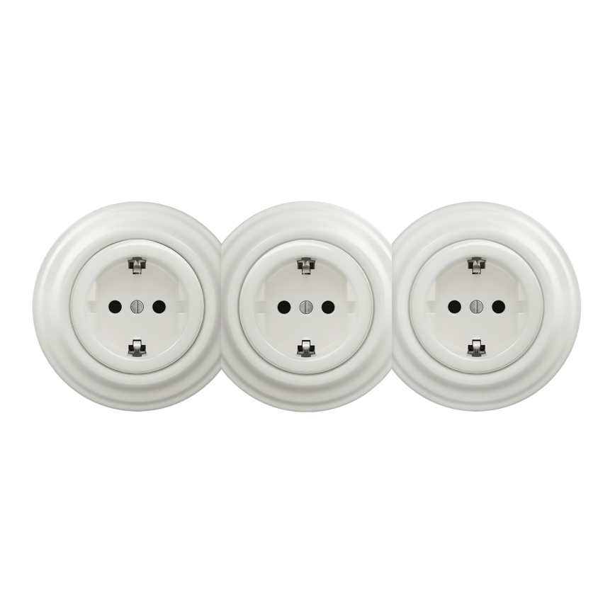 Kliklap - Háromfoglalatos retro fali konnektor kerettel, SCHUKO 230 V, fehér