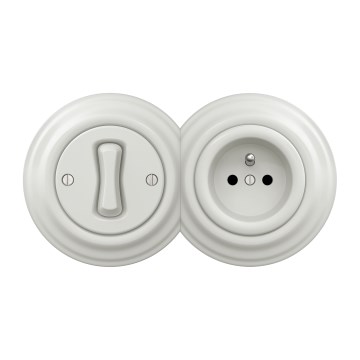 Kliklap - Retro egypólusú, 1-es kapcsoló és 230 V-os dugaljzat kerámia kerettel, fehér