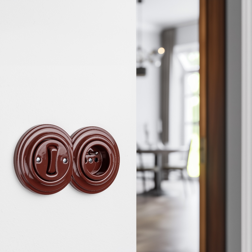 Kliklap - Retro egypólusú 1-es kapcsoló és 230V konnektor kerettel, barna