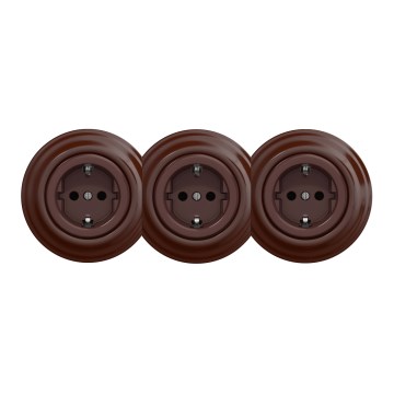 Kliklap - Retro, háromfoglalatos háztartási fali aljzat kerettel, SCHUKO, 230 V, barna