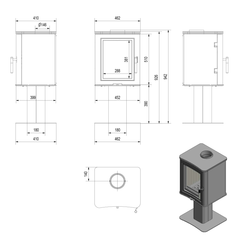 Kratki - Acél kandalló kályha 7kW 150mm