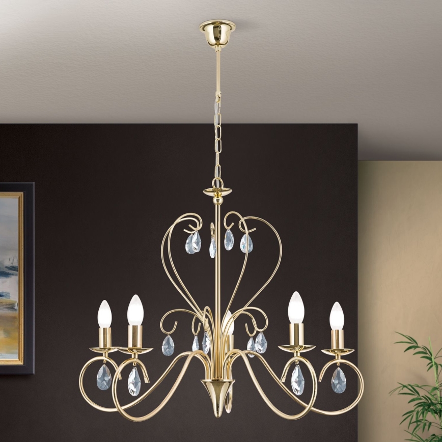 Kristály csillár láncon ALESSIA 5xE14/40W/230V arany