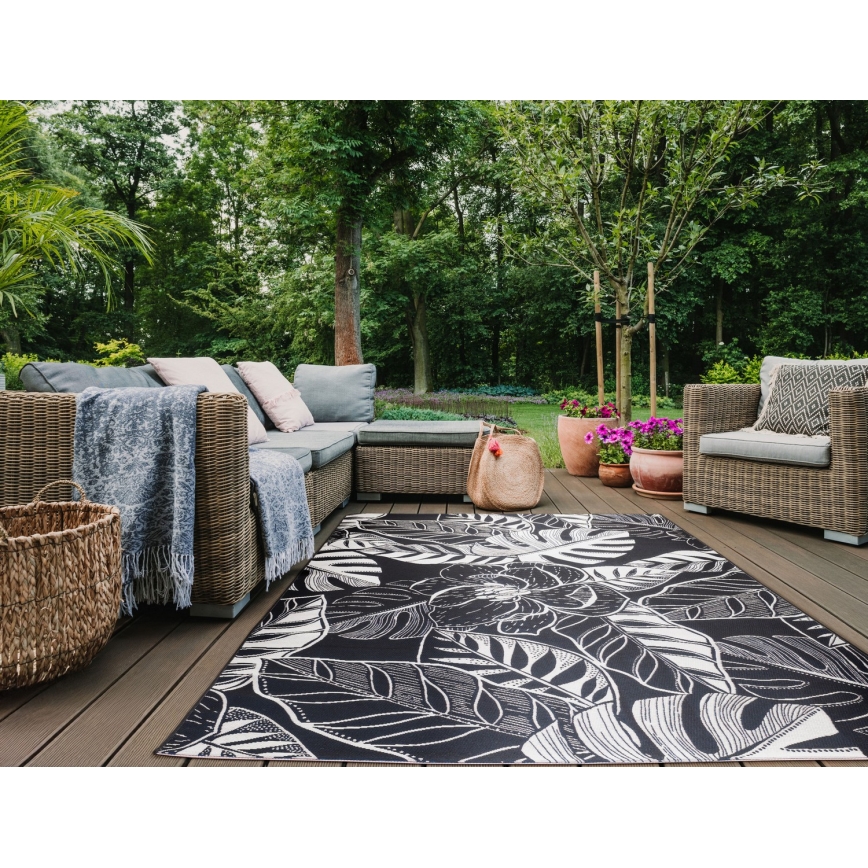 Kültéri szőnyeg JUNGLE 160×220 cm – fekete/fehér, leveles mintázat