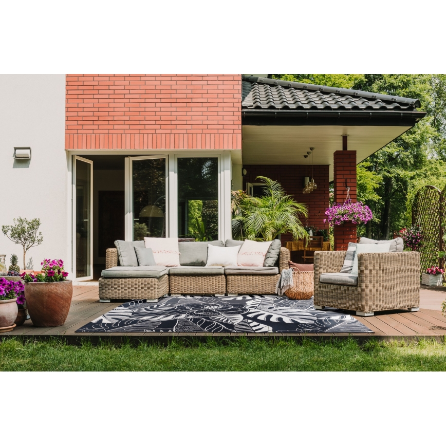 Kültéri szőnyeg JUNGLE 160×220 cm – fekete/fehér, leveles mintázat
