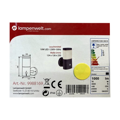 Lampenwelt - LED Kültéri lámpa érzékelővel LED/10W/230V IP44