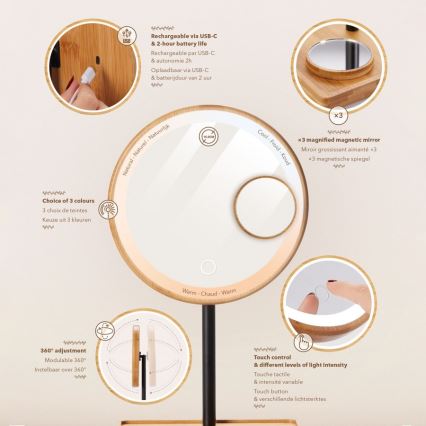 Lanaform - Fényerőszabályozós, LED-es kozmetikai tükör, 5V USB, bambusz