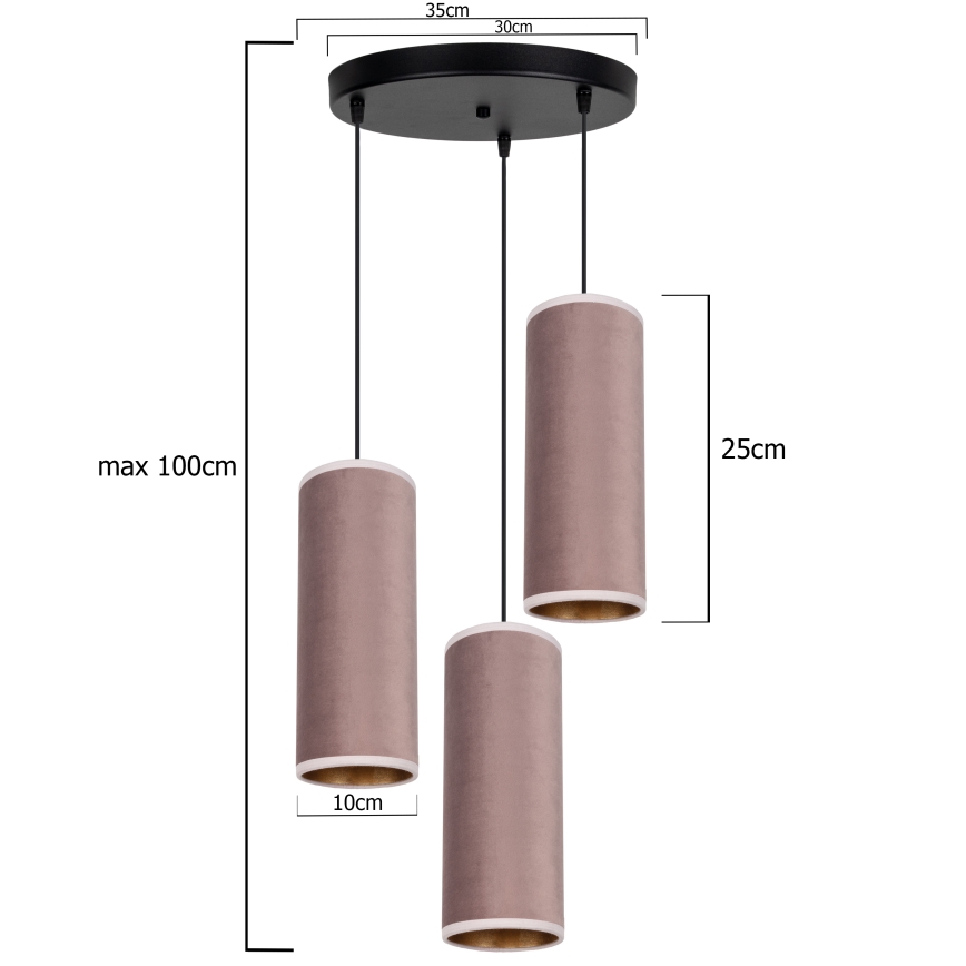 Lámpa zsinóron AVALO 3xE27/60W/230V átm. 35 cm rózsaszín/rozsdamentes réz