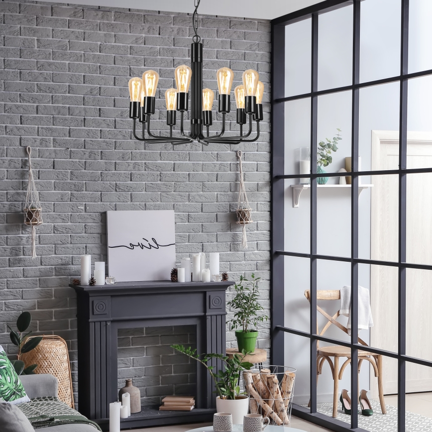 Láncos csillár, 10× E27 foglalattal, max. 60 W/foglalat, 230 V, fekete