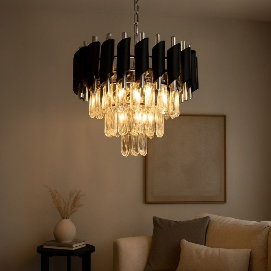 Láncos csillár CRISTAL 5xE14/10W/230V Ø 38 cm fekete/matt króm