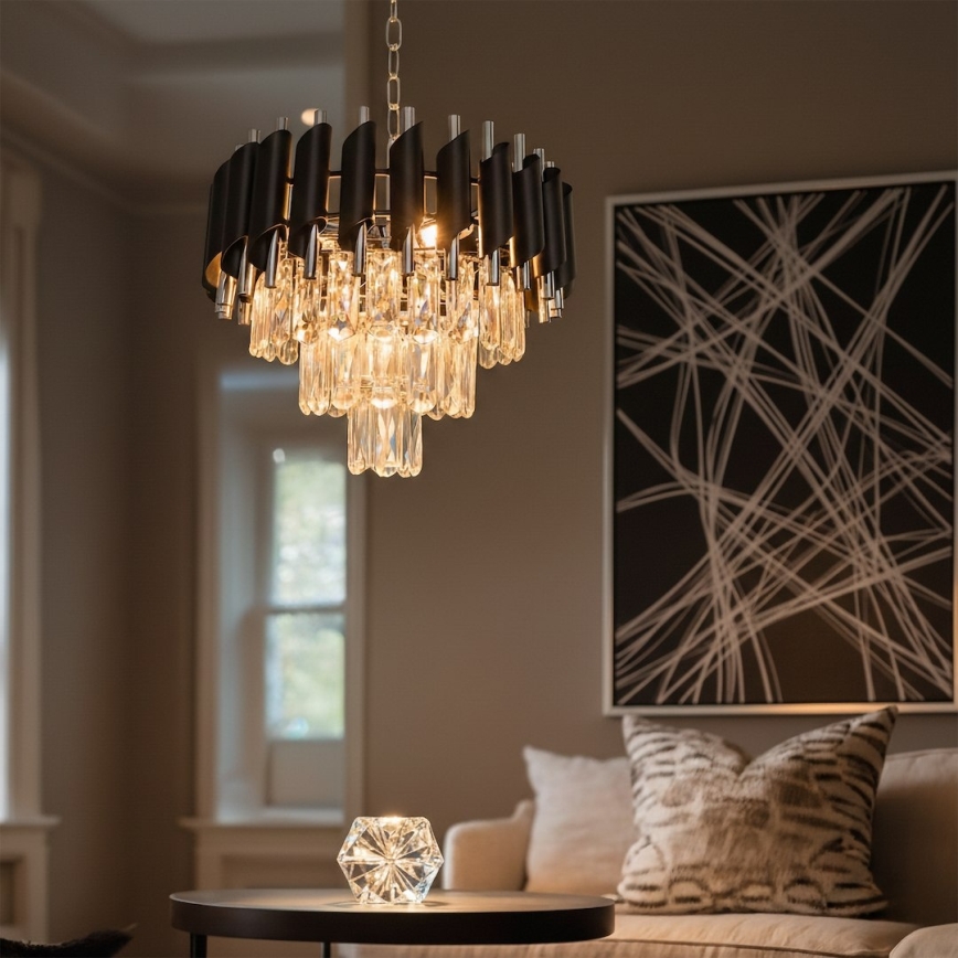 Láncos csillár CRISTAL 5xE14/10W/230V Ø 38 cm fekete/matt króm