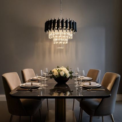 Láncos csillár CRISTAL 5xE14/10W/230V Ø 38 cm fekete/matt króm