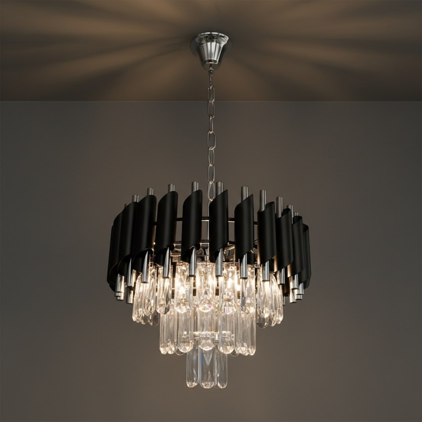 Láncos csillár CRISTAL 5xE14/10W/230V Ø 38 cm fekete/matt króm