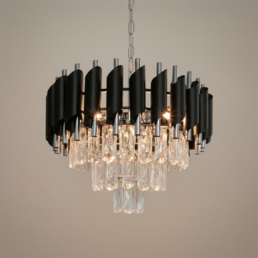 Láncos csillár CRISTAL 5xE14/10W/230V Ø 38 cm fekete/matt króm