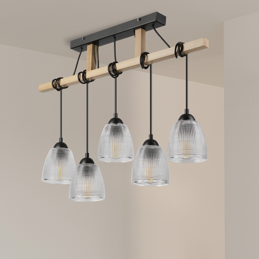 LEANDRA zsinóros csillár 5xE27/15W/230V tölgy/fekete