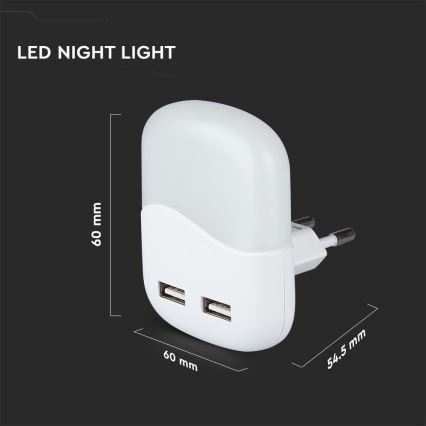 LED Aljzatos éjszakai lámpa alkonyatérzékelővel 2xUSB LED/0,45W/230V 3000K