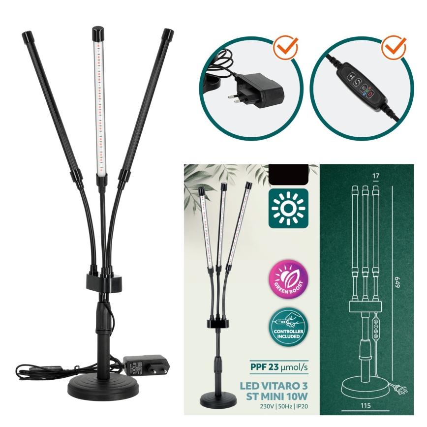 LED állítható fényerejű, rugalmas asztali növénynevelő lámpa VITARO 3xLED/10W/230V fekete