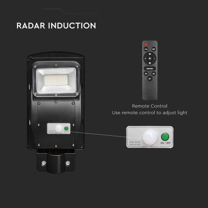 LED állítható fényerejű napelemes utcai lámpa mozgás- és alkonyatérzékelővel LED/6W/3,2V 6000K IP65 5000 mAh fekete + távirányító