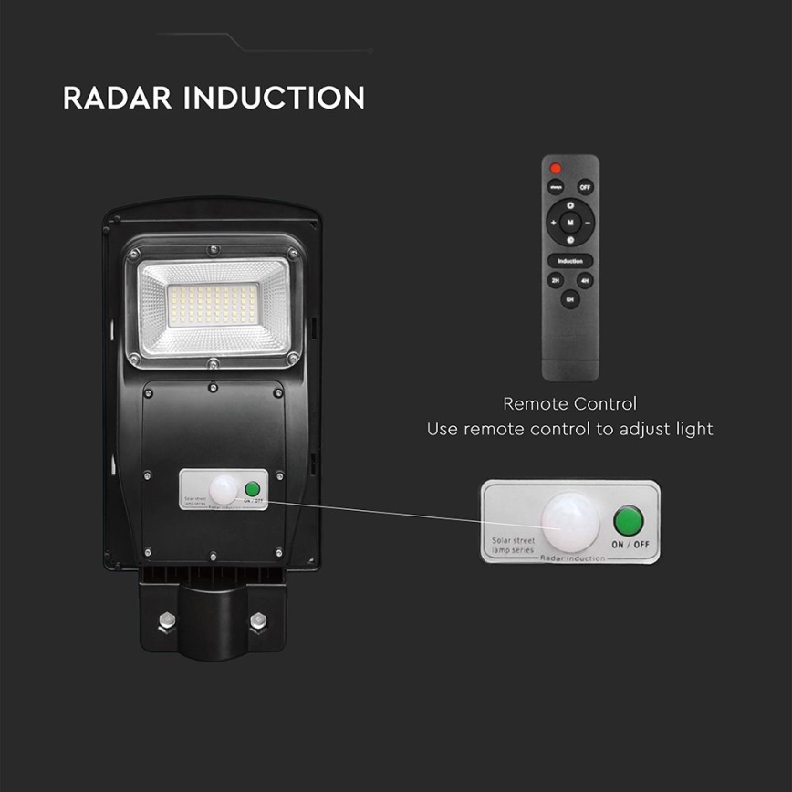 LED állítható fényerejű napelemes utcai lámpa mozgás- és alkonyatérzékelővel LED/6W/3,2V 6000K IP65 5000 mAh fekete + távirányító