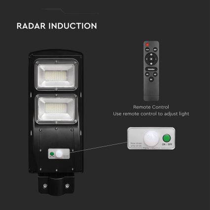 LED állítható fényerejű napelemes utcai lámpa mozgás- és alkonyatérzékelővel LED/8W/3,2V 6000K IP65 9000 mAh fekete + távirányító