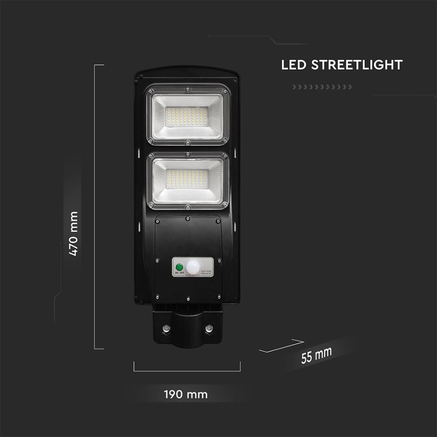 LED állítható fényerejű napelemes utcai lámpa mozgás- és alkonyatérzékelővel LED/8W/3,2V 6000K IP65 9000 mAh fekete + távirányító