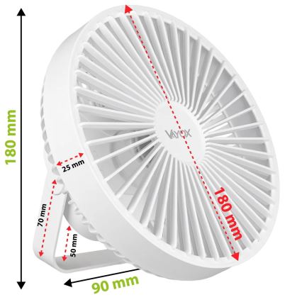 LED újratölthető asztali ventilátor LED világítással LED/2W/5V USB 2400 mAh fehér