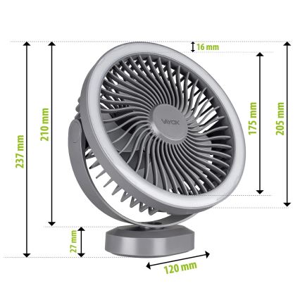 LED újratölthető asztali ventilátor LED világítással LED/3W/5V USB 2400 mAh szürke