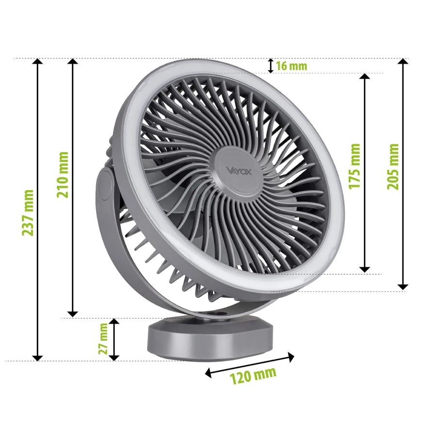 LED újratölthető asztali ventilátor LED világítással LED/3W/5V USB 2400 mAh szürke