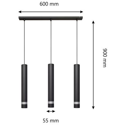 LED Csillár zsinóron TUBA 3xGU10/4,8W/230V fekete/fényezett króm