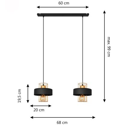 LED Csillár zsinóron VOLTA 2xE27/15W/230V fekete/arany