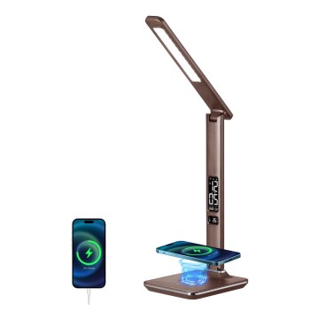 LED Dimmelhető asztali lámpa vezeték nélküli QI töltéssel és USB-vel KINGFISHER LED/8,5W/230V barna