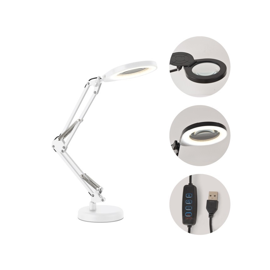 LED fényerőszabályozható 2 az 1-ben asztali lámpa nagyítóval AURIQ LOUPE LED/10W/5V 3000/4000/6500K fehér