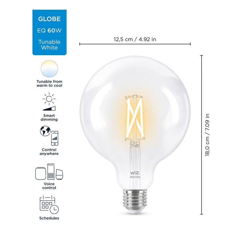 LED Dimmelhető izzó FILAMENT G125 E27/7W/230V 2700-6500K CRI 90 Wi-Fi - WiZ
