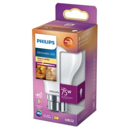 LED Dimmelhető izzó Philips Warm Glow A60 B22/7,2W/230V 2200-2700K CRI 90