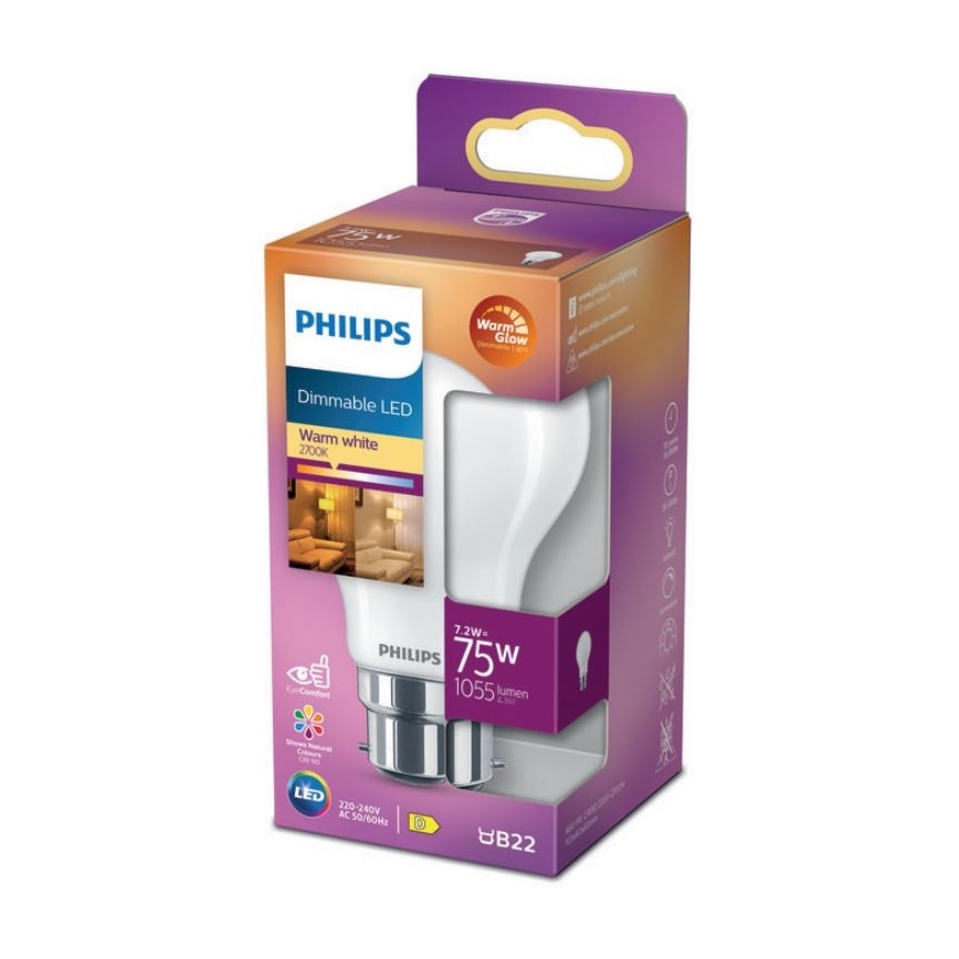 LED Dimmelhető izzó Philips Warm Glow A60 B22/7,2W/230V 2200-2700K CRI 90