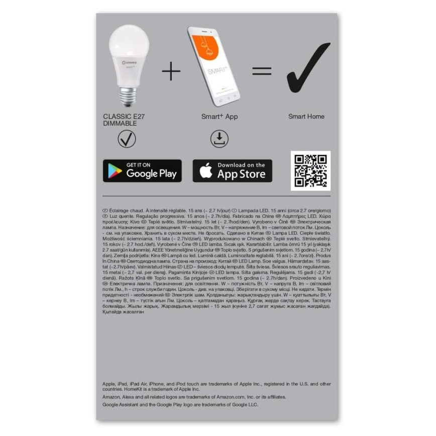 LED Dimmelhető izzó SMART + E27/9,5W/230V 2700K Wi-Fi - Ledvance