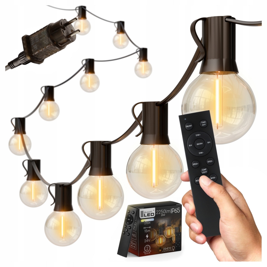 LED fényerőszabályozható kültéri dekorációs fényfüzér 25xE12/1W/24/230V 17,5 m IP65 fekete + távirányító