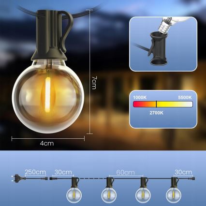 LED fényerőszabályozható kültéri dekorációs fényfüzér 25xE12/1W/24/230V 17,5 m IP65 fekete + távirányító