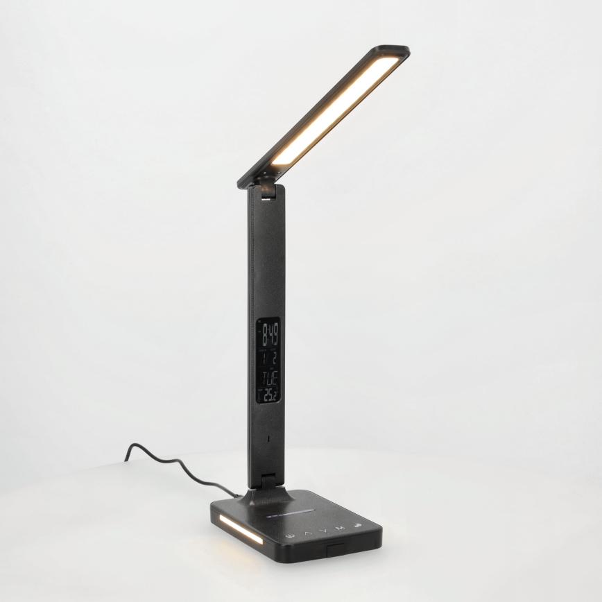 LED Dimmelhető asztali lámpa vezeték nélküli QI töltéssel, kijelzővel és USB porttal LED/7W/230V 3000-6000K fekete