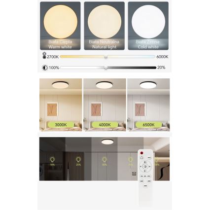 LED Dimmelhető mennyezeti lámpa LED/40W/230V 3000-6500K átm. 40 cm fehér + távirányítás