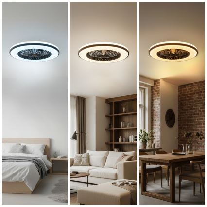 LED dimmelhető mennyezeti lámpatest ventilátorral VENTELUX, 48 W, 230 V, 3000/4000/6500 K, átm. 48,5 cm, fekete + távirányító